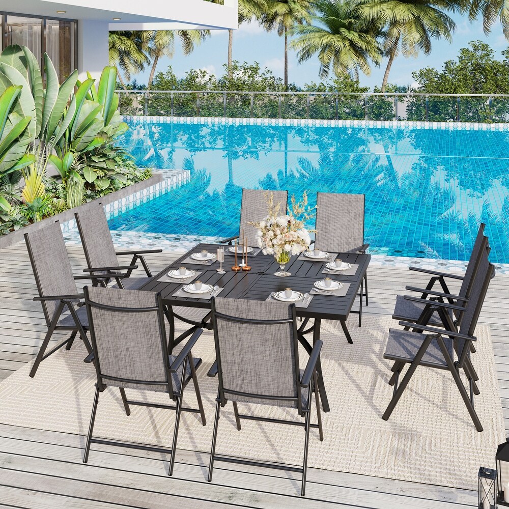 9 Pieces Patio Dining Set  60 Inch Square Metal Table and Sling Dining Chairs Seats Up to 8