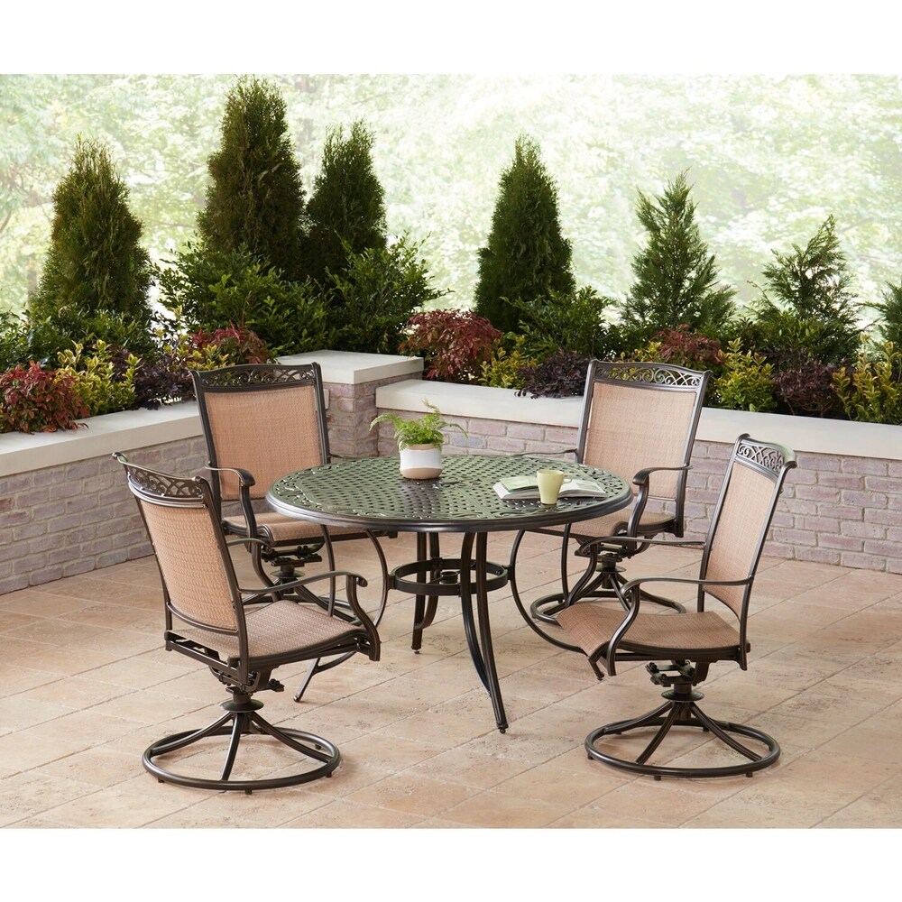 Hanover Fontana 5 Piece Outdoor Dining Set with 4 Sling Swivel Rockers and a 48 In. Cast Top Table