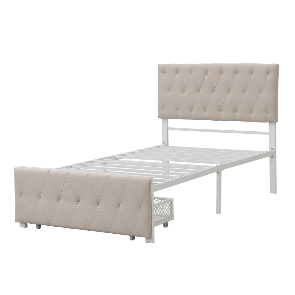 Metal Storage Platform Bed with Big Drawer   Linen Upholstered Headboard