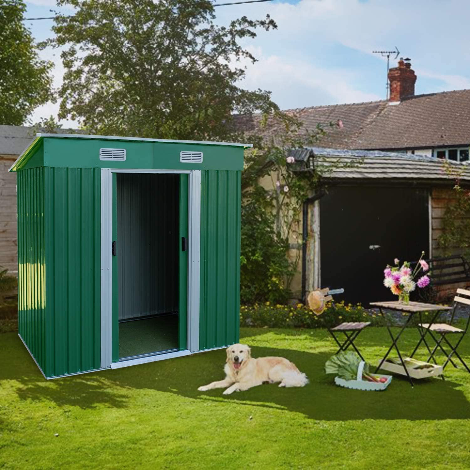 HOMFY 3.5 X 6 FT Steel Outdoor Storage Shed with Lockable Door for Garden Patio Backyard, Green