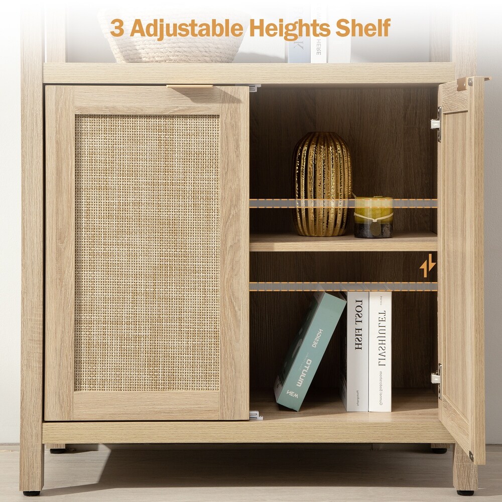 SICOTAS 5 Tier Adjustable Bookshelf with Rattan Storage Cabinet