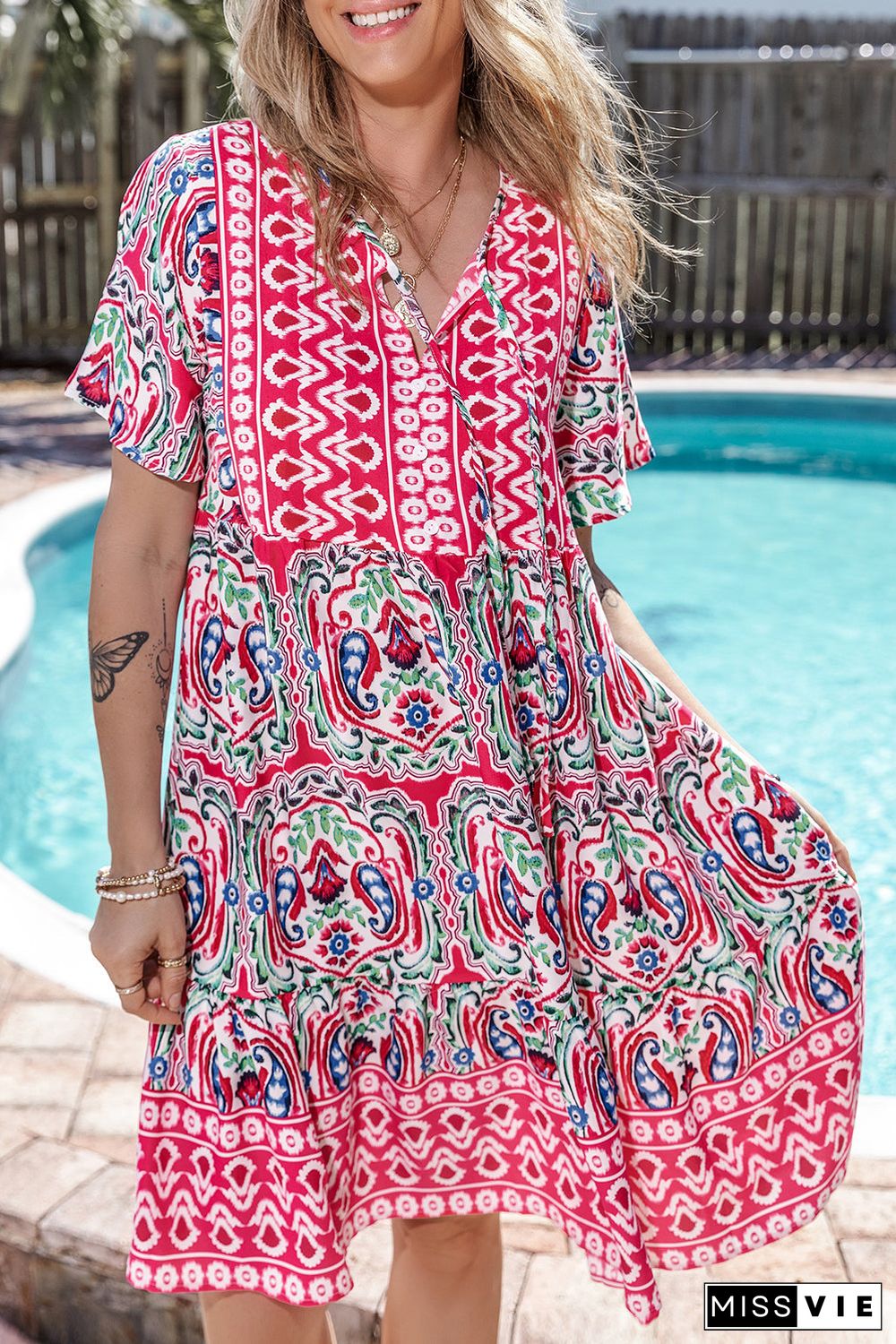 Bohemian Print Tie Neck Ruffle Hem Short Dress