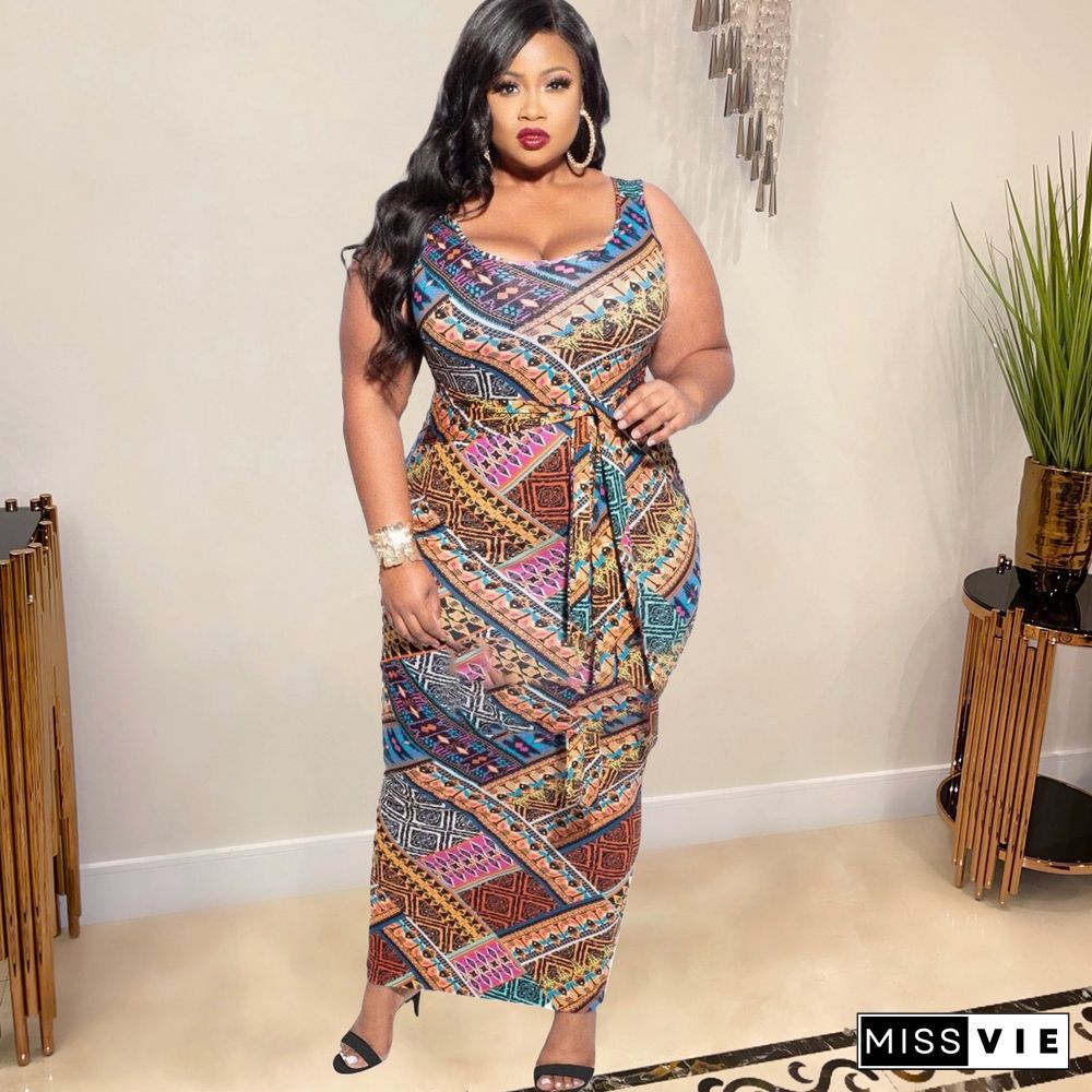 Plus Size Print Sleeveless O-Neck Slim Maxi Dress