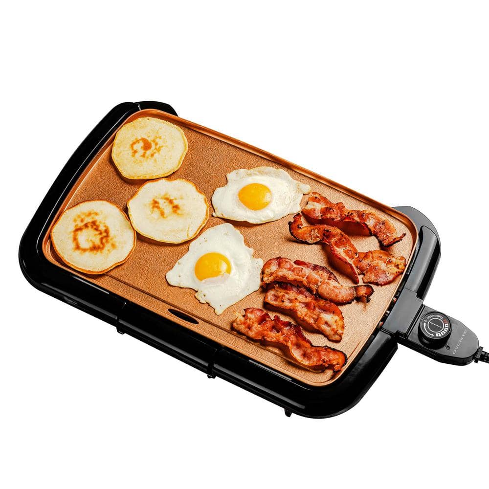 OVENTE 16 in. x 10 in. Electric Griddle Copper with Non-Stick Cast Iron Cooking Plate and Removable Drip Tray GD1610CO