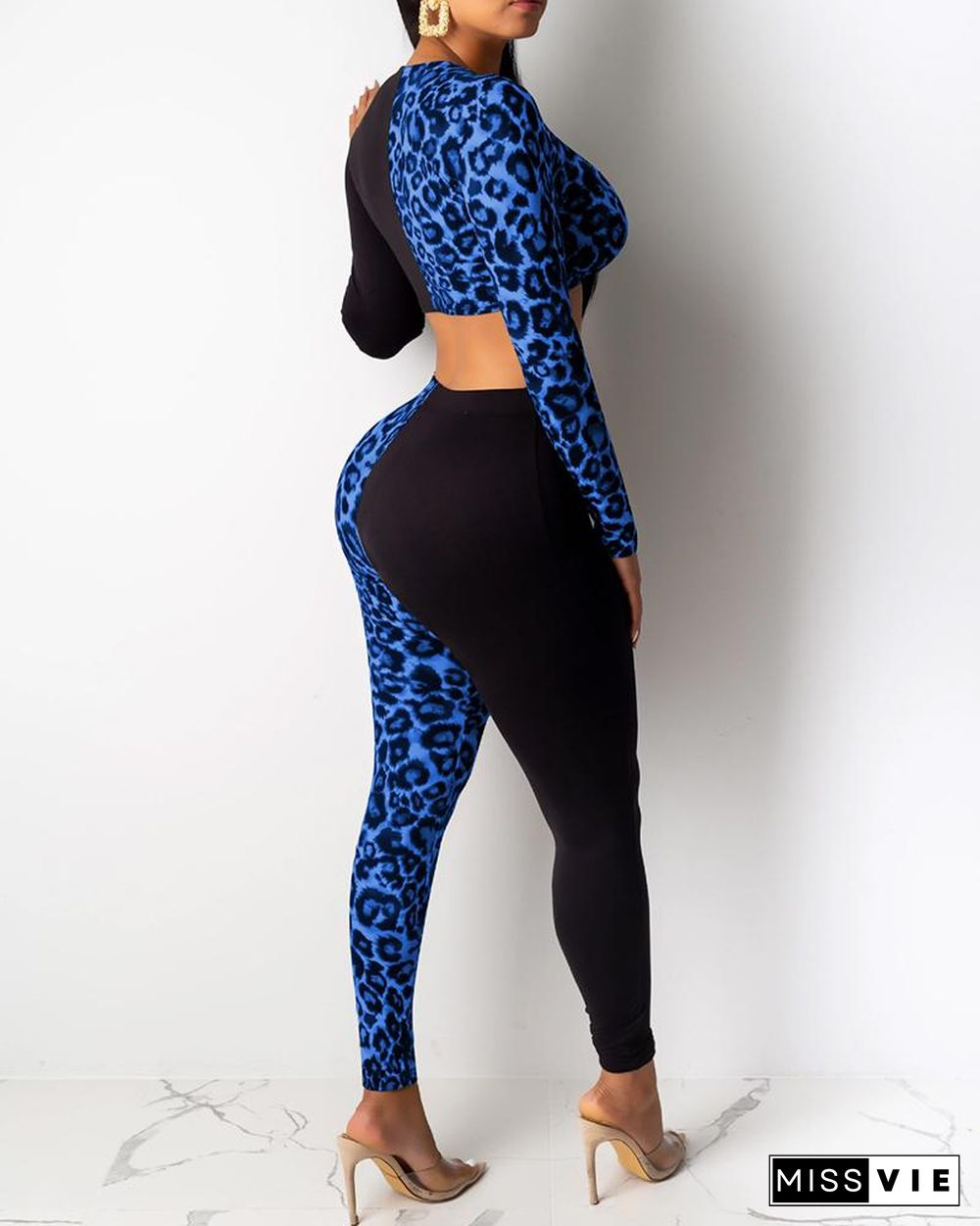 Cheetah Print Colorblock Twisted Crop Top & Pants Sets