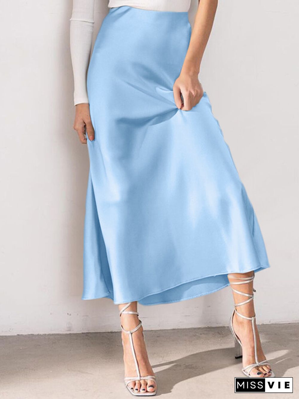 Solid Color Ruched Ankle Length High Waist Skirt