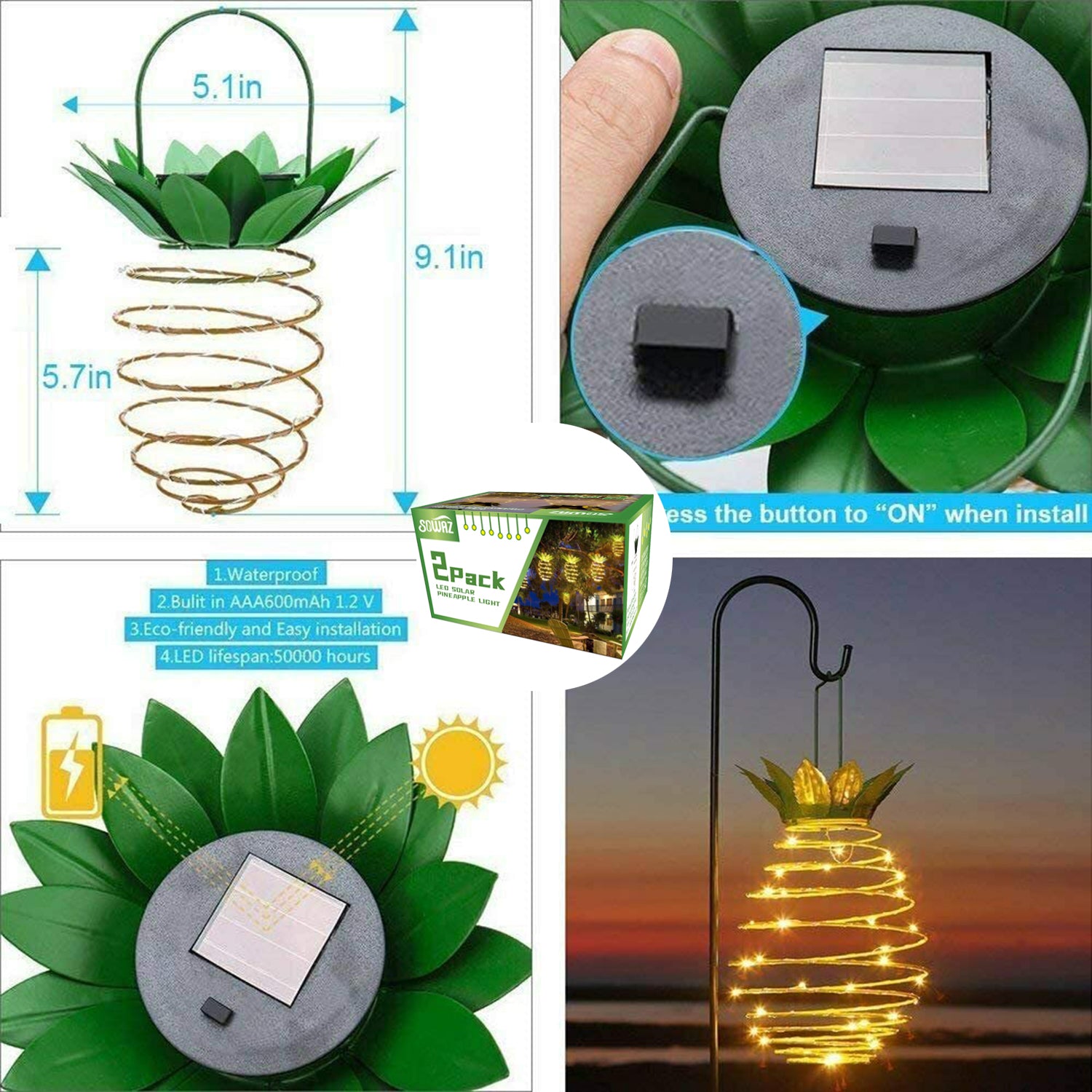 Sowaz 2 Pack Pineapple Solar Lights Outdoor Solar Lights Hanging Solar Lantern with Handle (Warm White)