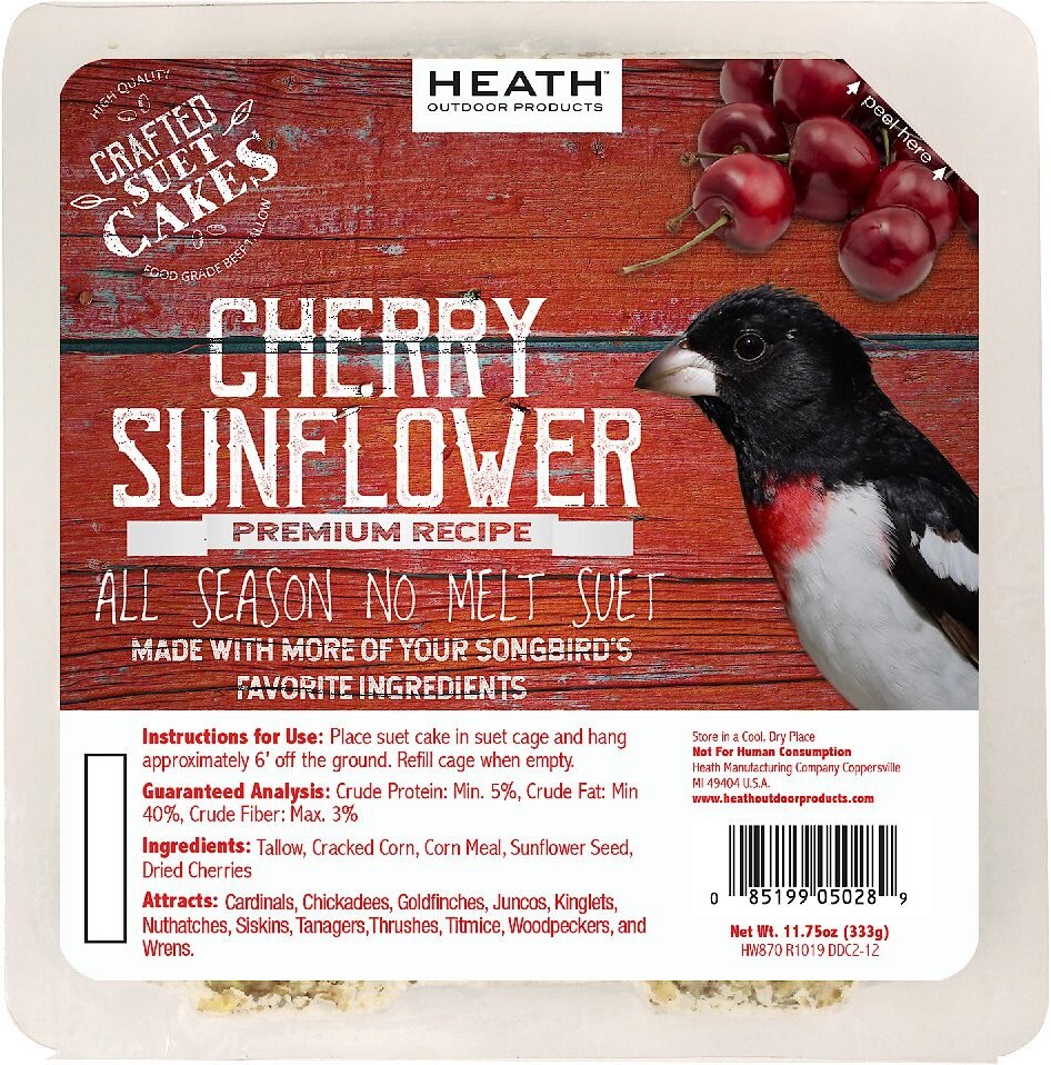 Heath Crafted Suet Cakes Cherry Sunflower Wild Bird Food， 11.75-oz， case of 12