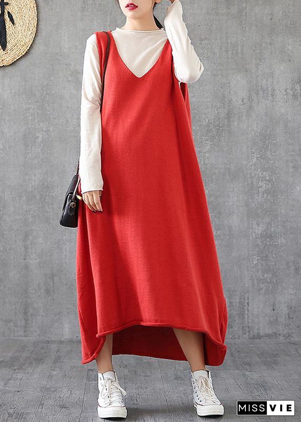 Simple red tunic top v neck sleeveless Maxi Dress