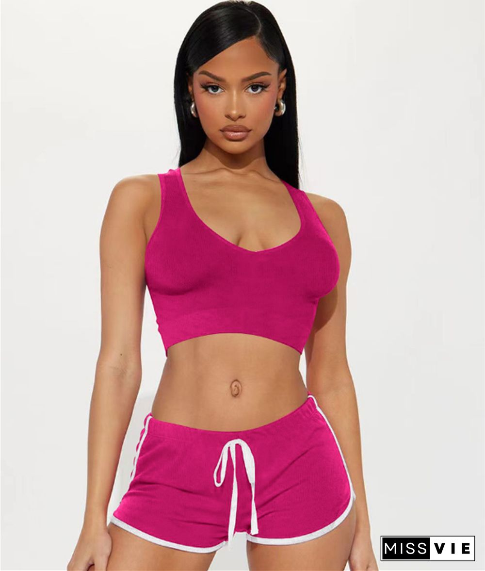 Solid Color Sportswear Ribbed Two Piece Shorts Set