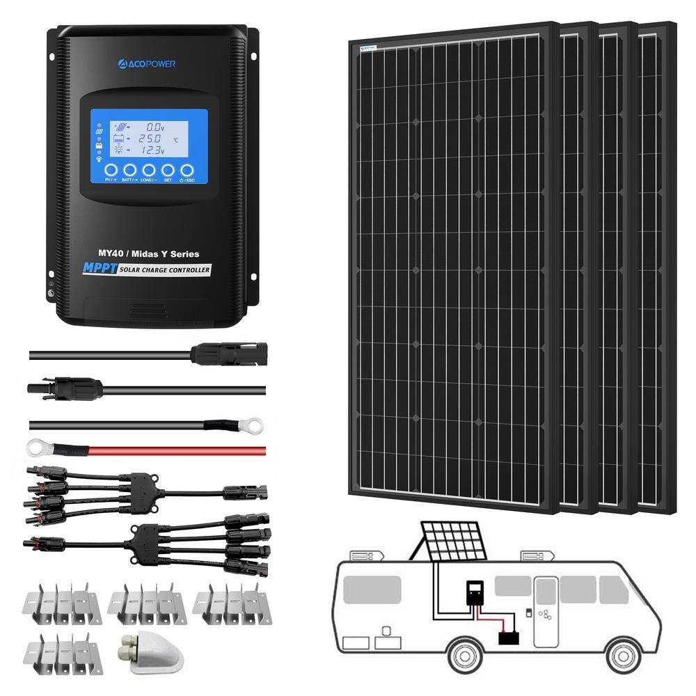 ACOPower 400-Watt Monocrystalline OffGrid Solar Power Kit with 4 x 100-Watt Solar Panel 40 Amp MPPT Charge Controller SPKM-400W40A