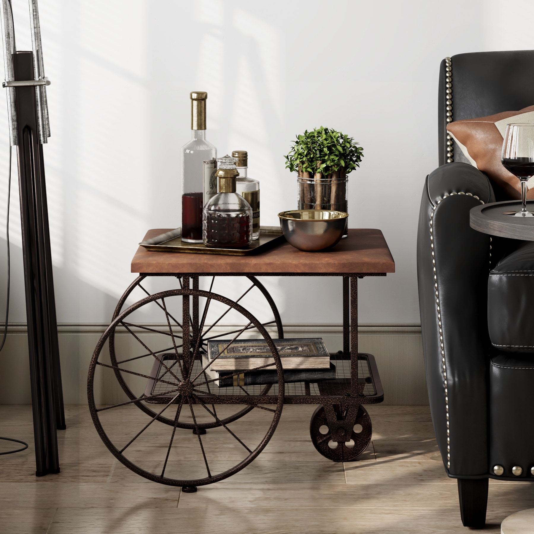 COZAYH Retro Industrial Side Table Mid Century Plant Stand with 2 Tier Open Shelf， Distressed Brown Metal Cart Table