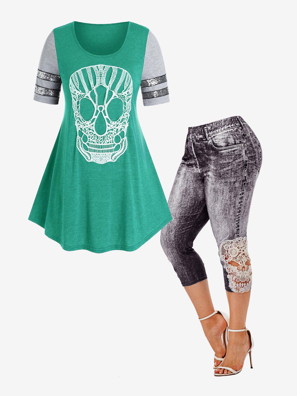 Lace Skull Sequin Swing Tee and 3D Lace Up Jean Printed Leggings Plus Size Summer Outfit