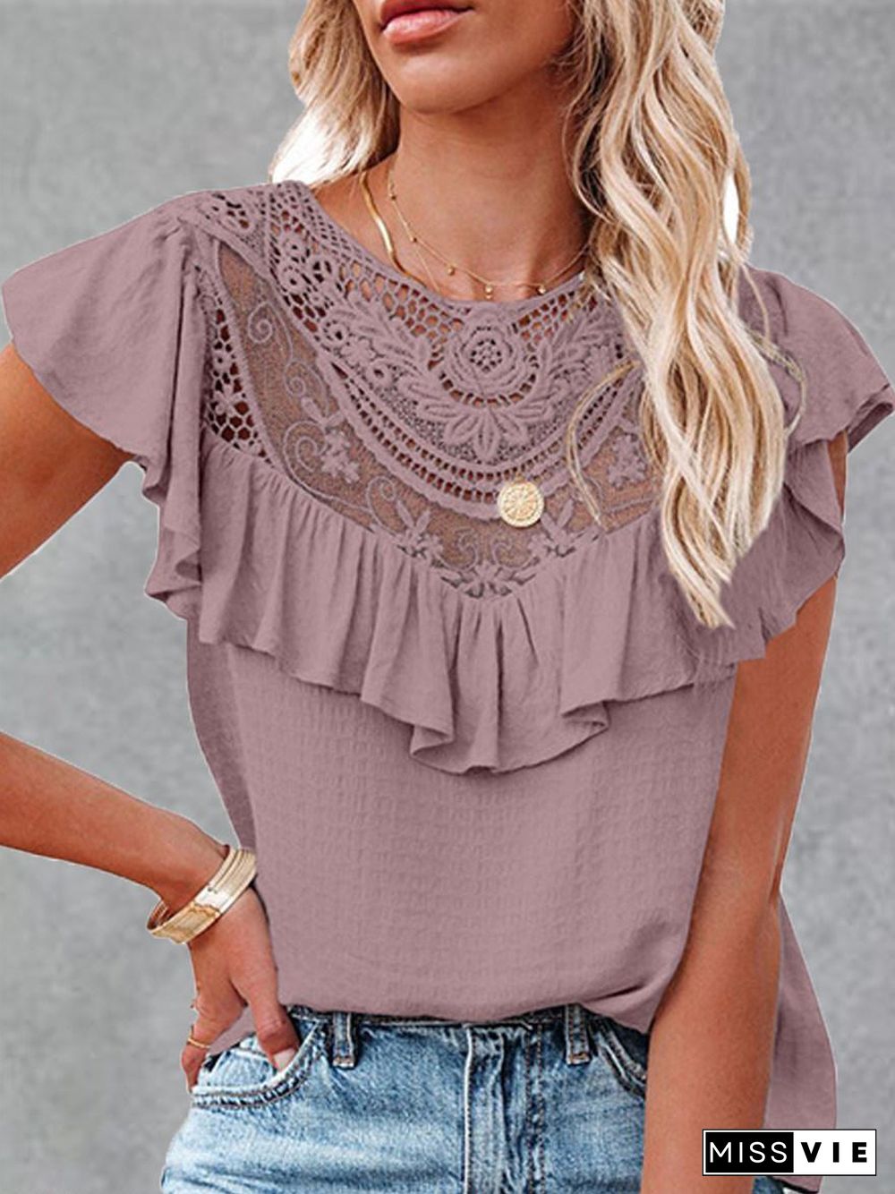 Fashion Lace Ruffle Short Sleeve T-Shirt