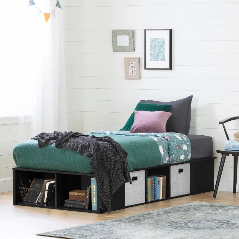 Black Oak Twin Platform Bed with Storage Bins - South Shore