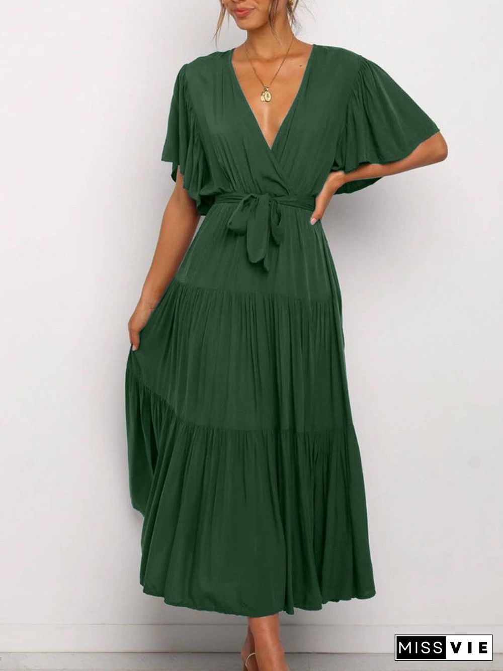 V Neck Tie Waist Short Sleeve Maxi Dress