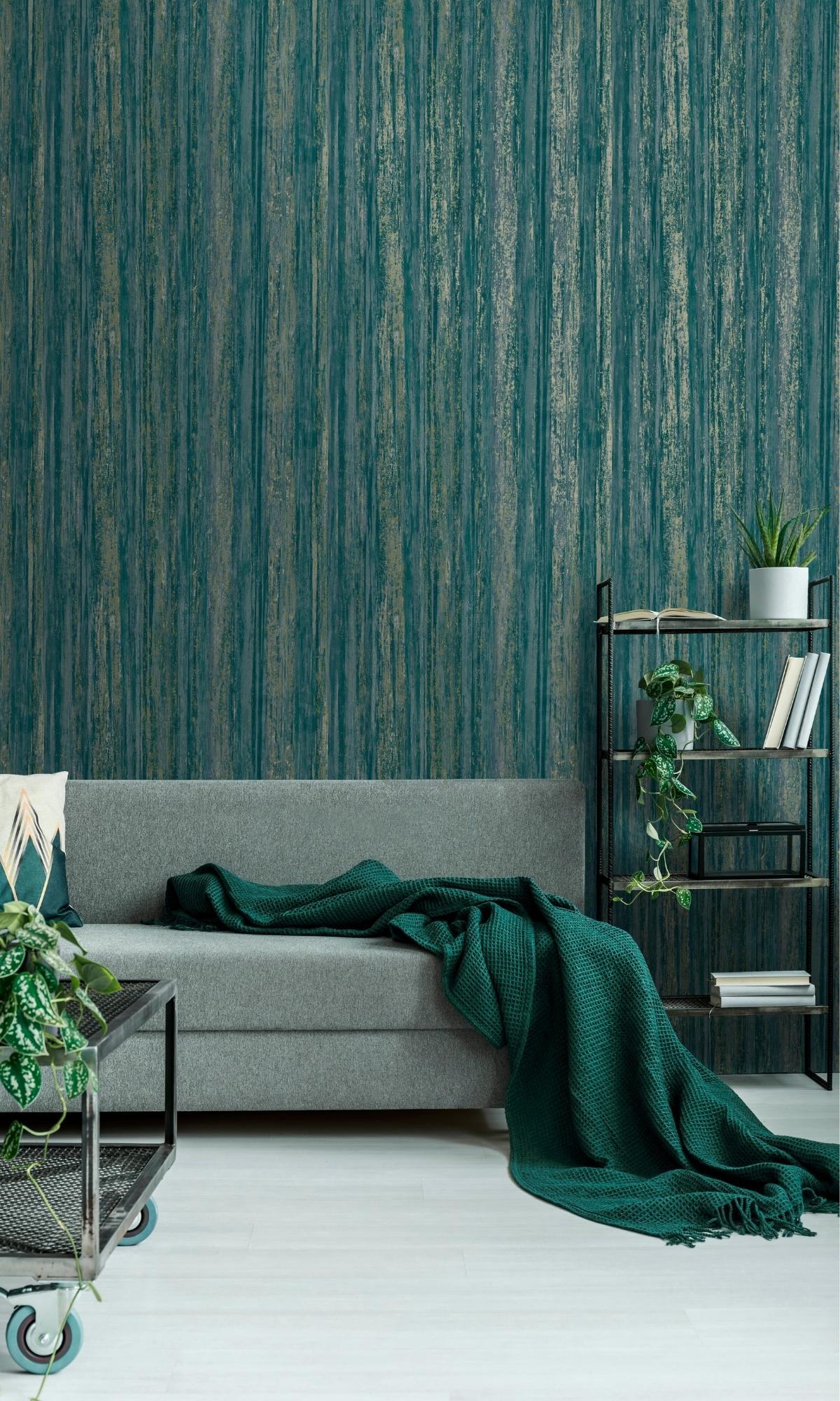 Teal Distressed Metallic Faux Tree Bark Earthy Wallpaper