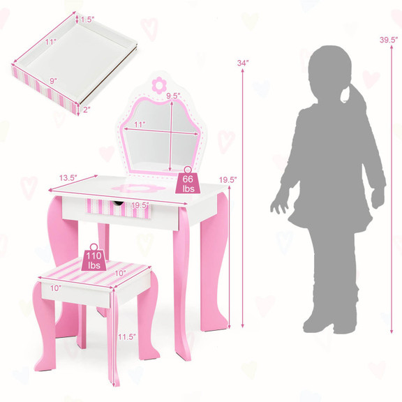 Costway 91382764 2 in 1 Toddler Vanity Set with De...