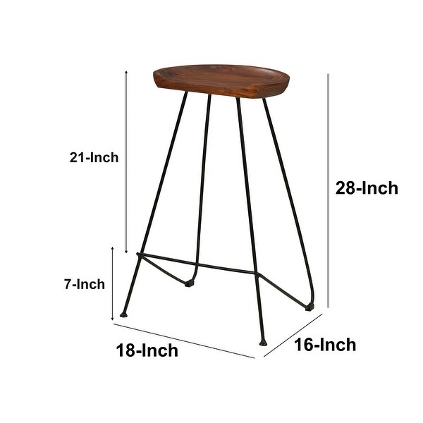 28 Inch Barstool with Acacia Wood Seat and Iron Frame， Dark Brown and Black