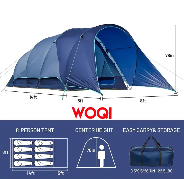 WOQI 8 person camping tent  portable waterproof and windproof family tent  easy to build  suitable for camping