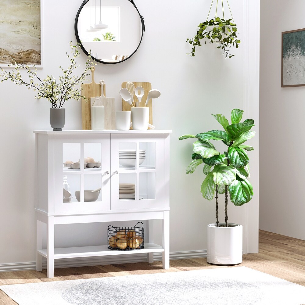 Coffee Bar Cabinet  Sideboard Buffet  Kitchen Cabinet with 2 Glass Doors  Adjustable Inner Shelving and Bottom Shelf  White