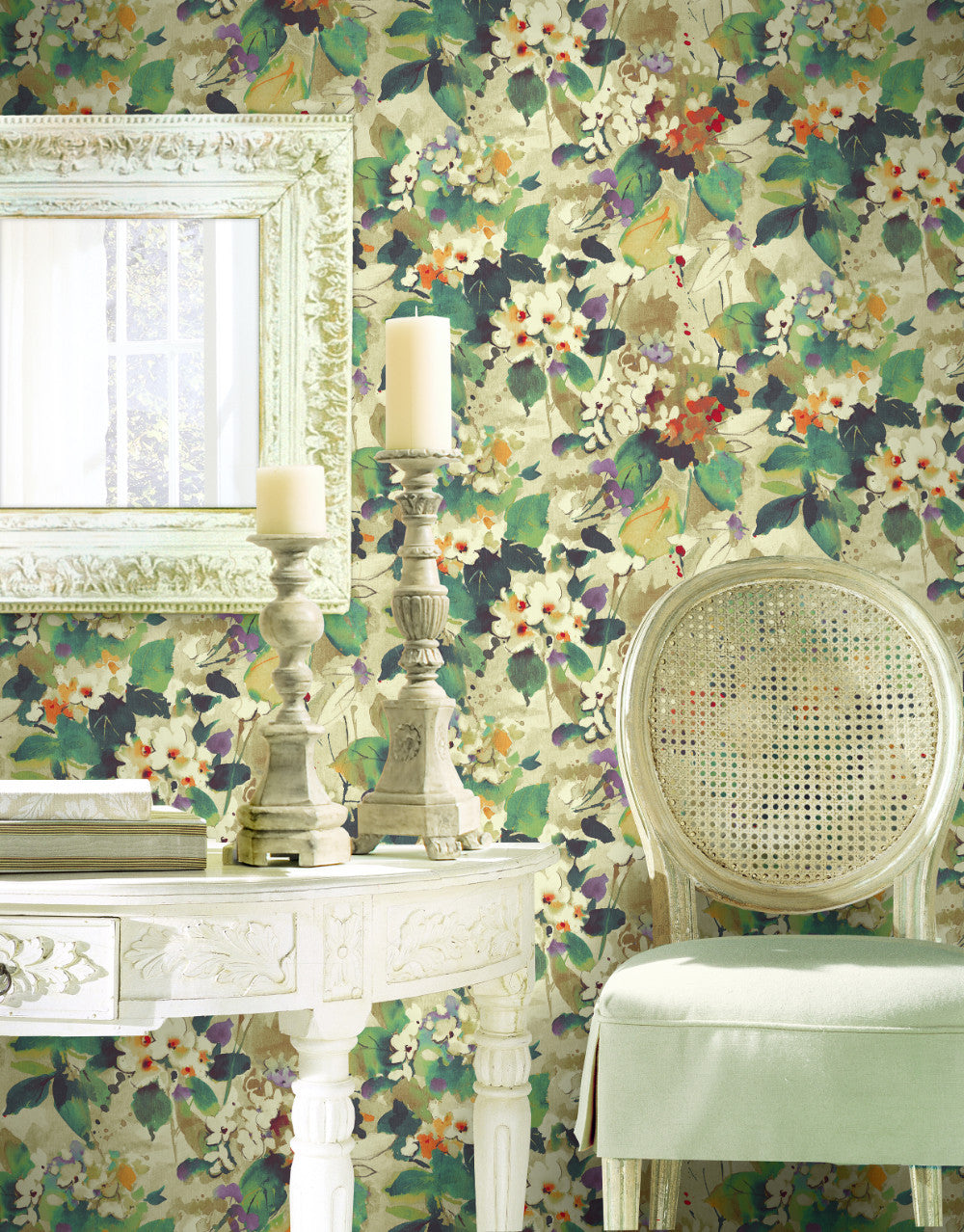 Chambon Floral Wallpaper in Green and Purple from the Lugano Collection