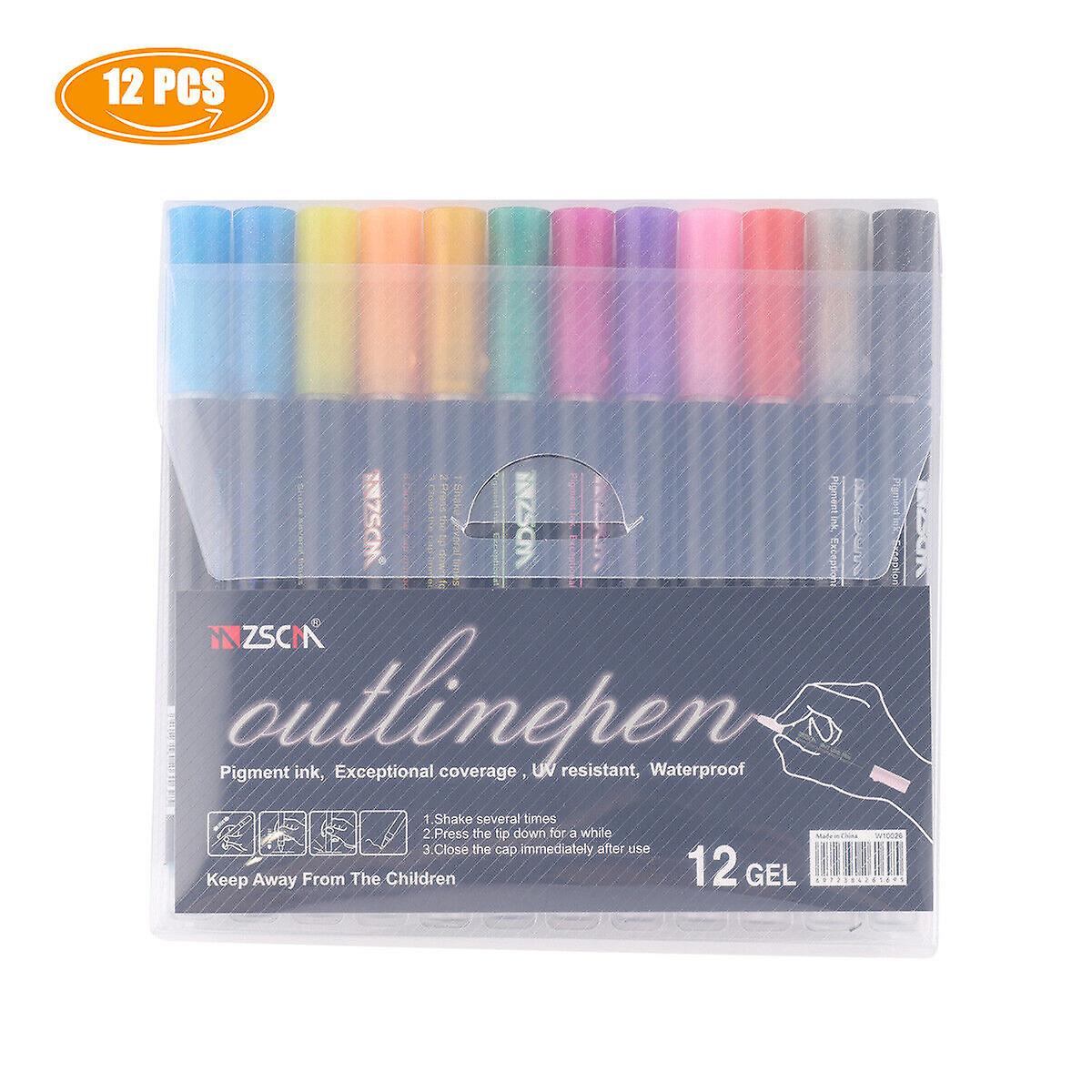 Drawing Marker Pens Double Line Outline Pens 12 Color Self Outline Metallic. W12068984