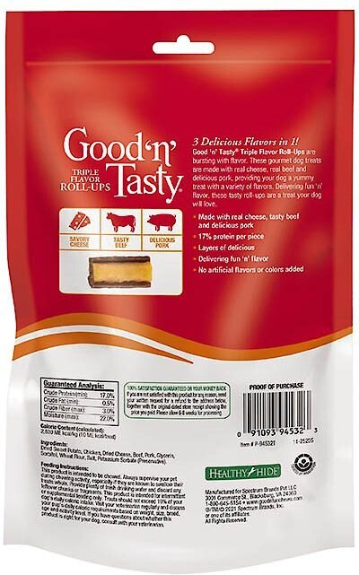 Good 'n' Tasty Triple Flavor Roll-Ups Dog Treats， 4-oz bag