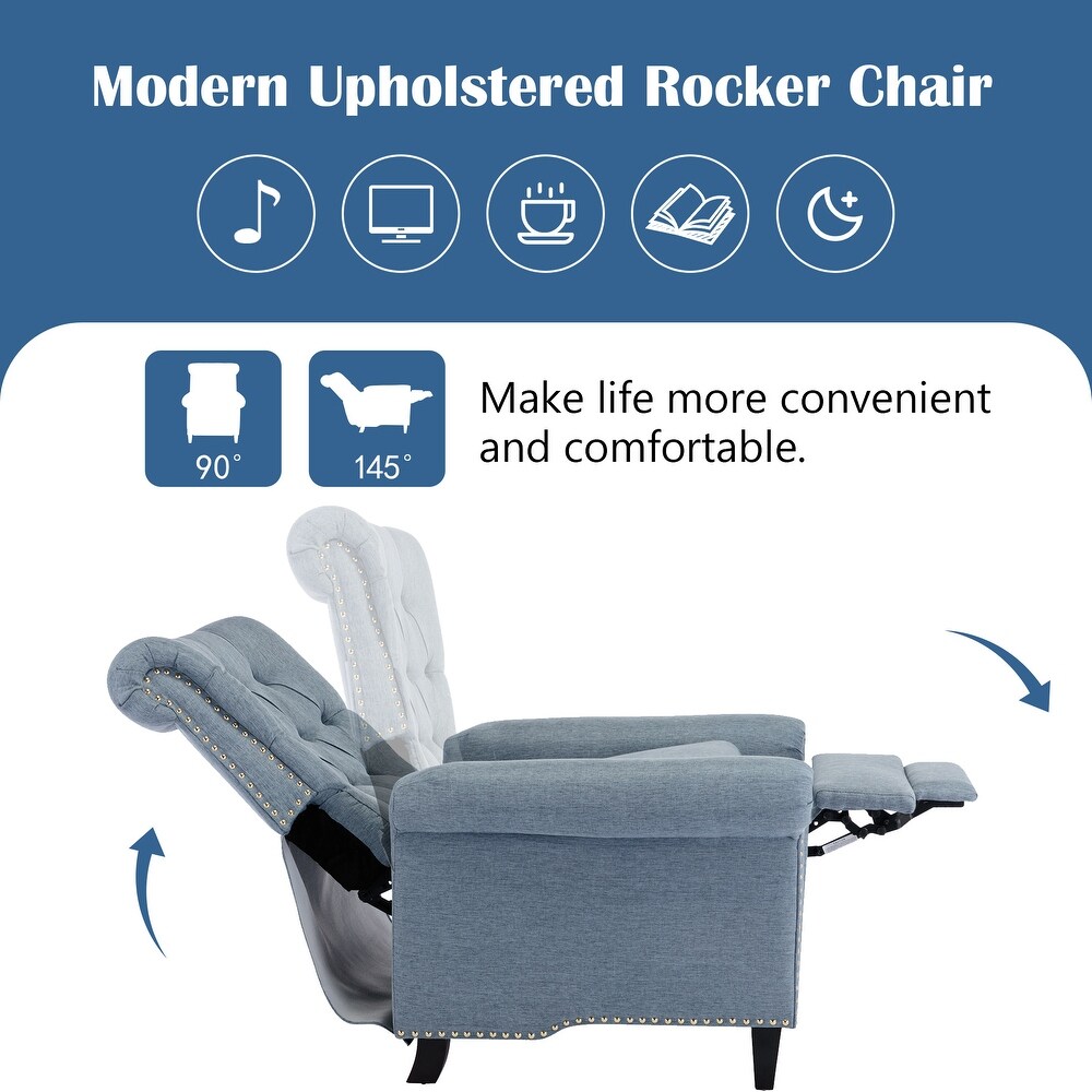 Pushback Linen Tufted Recliner Single Sofa with Nailheads Roll Arm  Adjustable Recliner for Living Room  Bedroom  Office  Blue