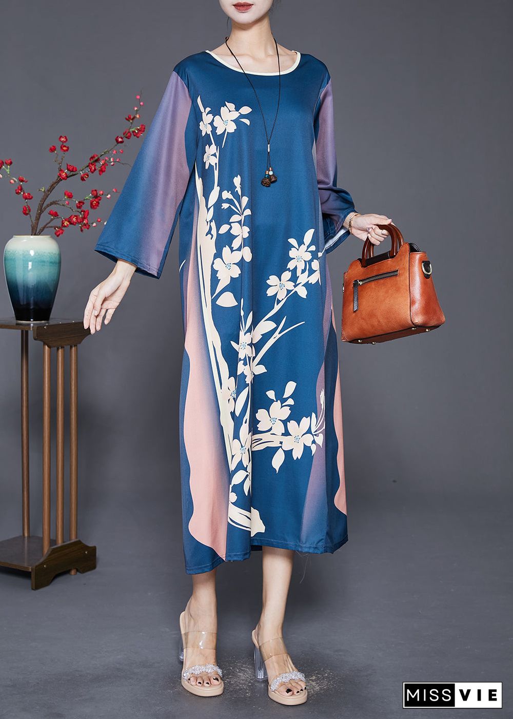 Beautiful Navy Oversized Print Silk Long Dress Fall