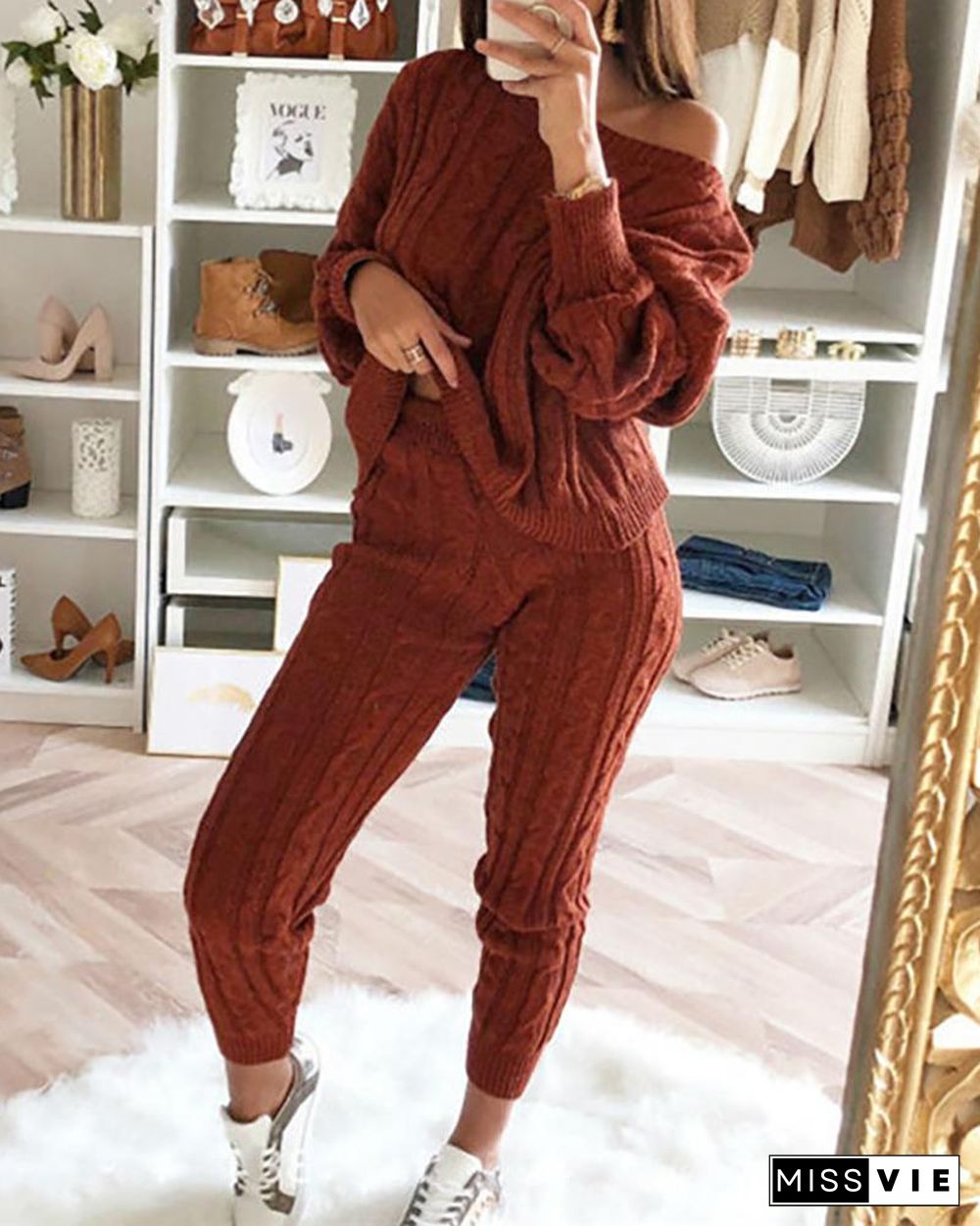 Solid Ribbed Knitting Casual Sweater & Pants Sets