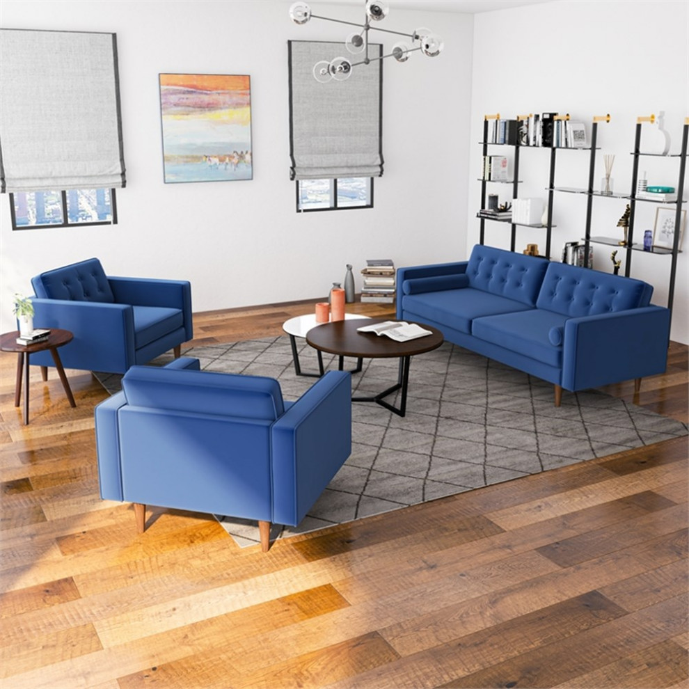 Mase 3 Piece Mid Century Velvet Sofa and 2 Lounge Chairs Set in Blue   Midcentury   Living Room Furniture Sets   by Homesquare  Houzz