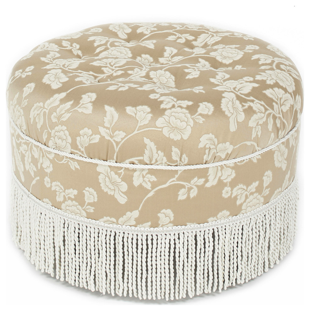 Yolanda Upholstered Round Accent Ottoman  Champagne Beige Floral Jacquard   Traditional   Footstools And Ottomans   by Jennifer Taylor Home  Houzz