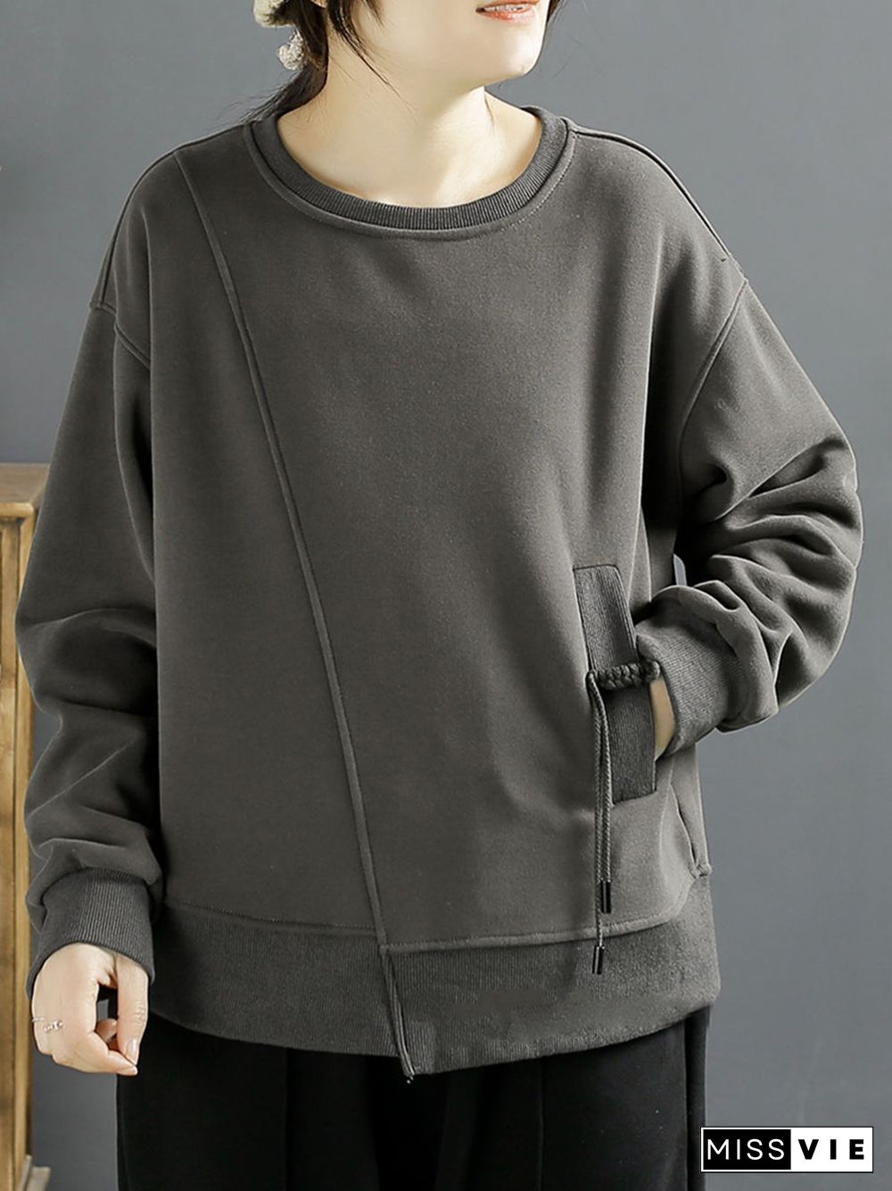 Women Winter Cotton Irregular Spliced Fleece-lined Sweatshirt