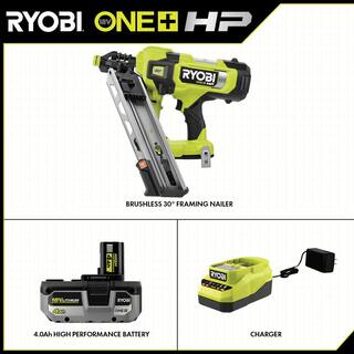 RYOBI ONE+ HP 18V Brushless Cordless AirStrike 30 Framing Nailer Kit with 4.0 Ah HIGH PERFORMANCE Battery and Charger PBL350KN