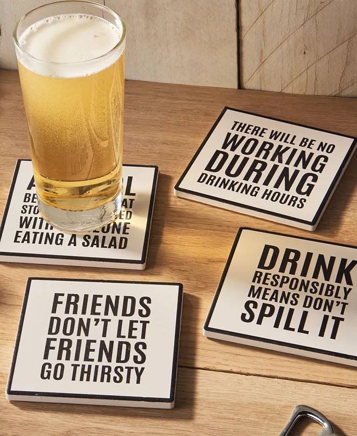 American Atelier 4.25'' D Work Hour Happy Hour Sentiments Ceramic Coasters Set 4 Piece