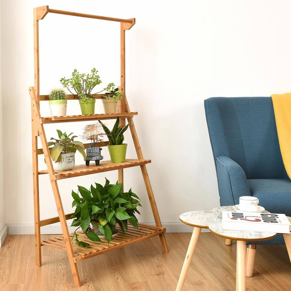 Costway 3-Tier Natural Bamboo Hanging Folding Plant Stand Flower Pot Display Rack HW60295