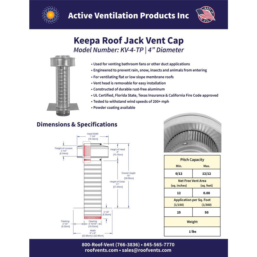 Active Ventilation 4 in. Dia. Aluminum Keepa Roof Jack with 2 in. Tail Pipe in Mill Finish KV-4-TP