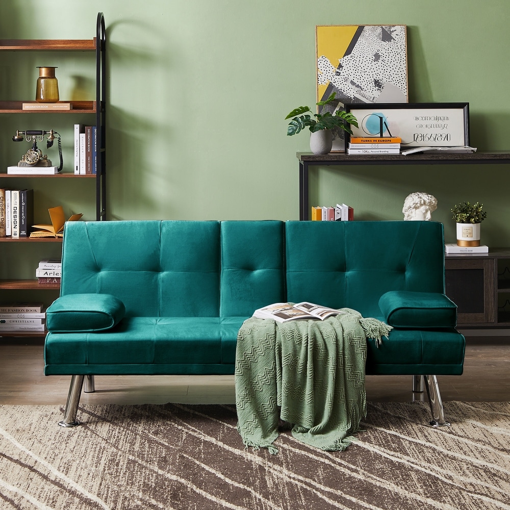 Velvet Upholstered Loveseat Bed Modern Convertible Futon Sofa Bed Folding Backrest Sleeper Sofa w/ Console   Cup Holders  Green