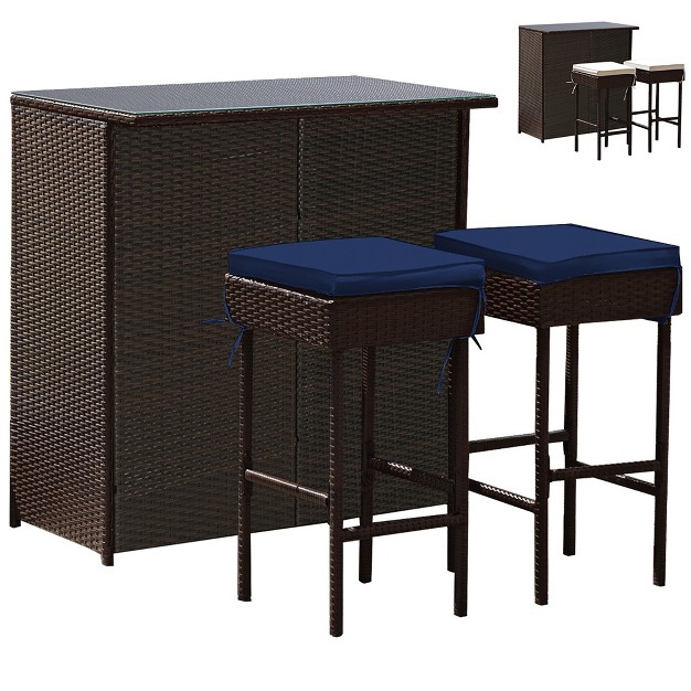 Costway Patio 3pcs Rattan Bar Table Stool Set Cushioned Chairs With Cover