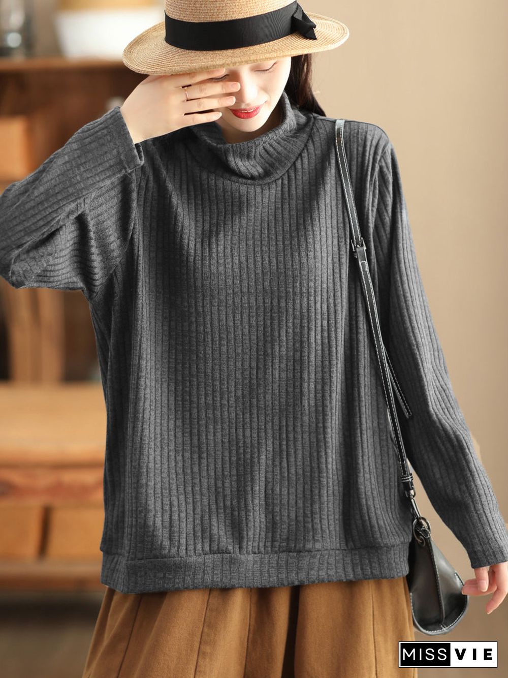 Plus Size Women Vintage Wool Solid Knitted Sweatshirt