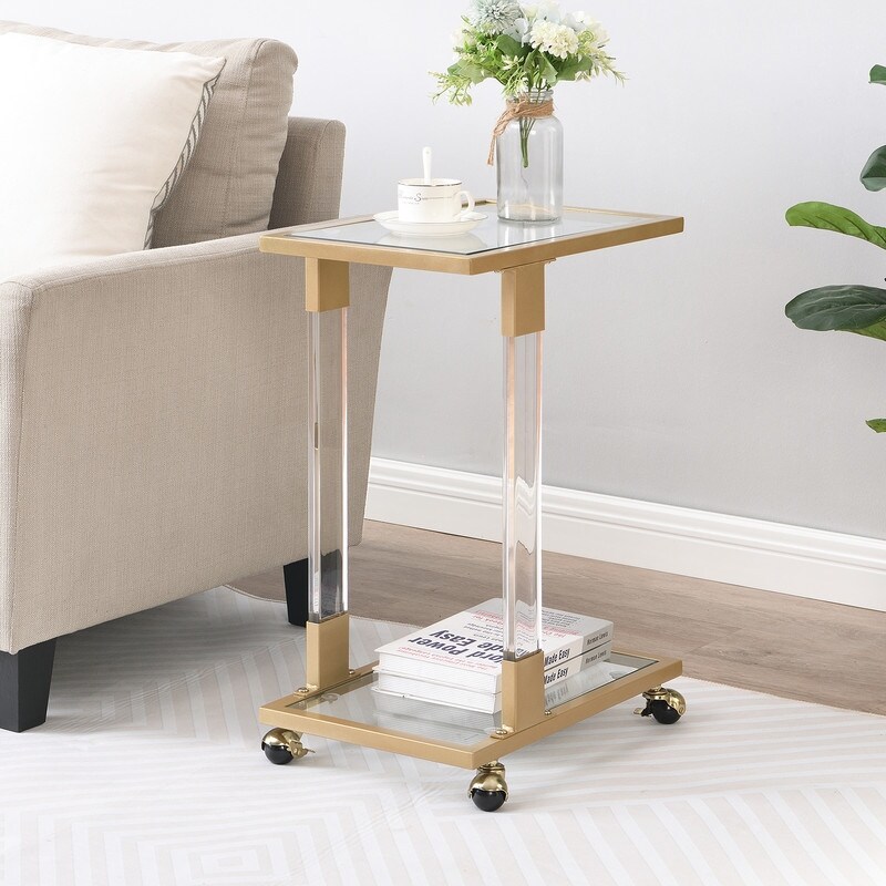 Grondin Modern Contemporary C Shaped Side Table Snack Table with Tempered Glass  Steel and Acrylic Frame  Lockable Casters