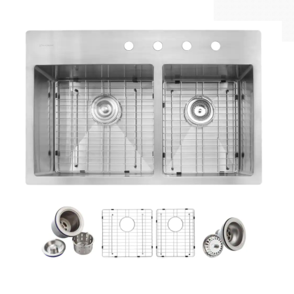 Glacier Bay Tight Radius Drop-in 16G Stainless Steel 33 in. 4-Hole 60/40 Double Bowl Kitchen Sink with Accessories