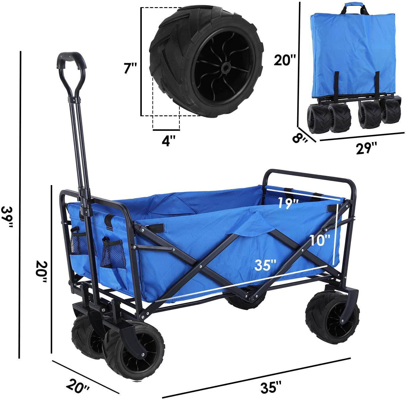 LAZY BUDDY Heavy Duty Beach Cart Collapsible Utility Wagon Garden Cart All Terrain Wheels - Blue