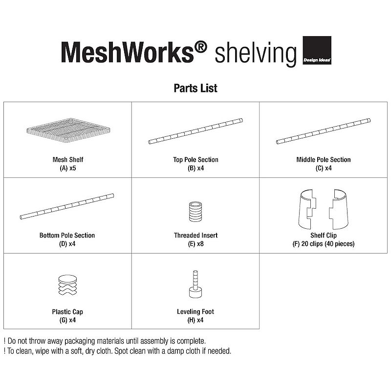 Design Ideas Meshworks 5 Tier Tower Metal Storage Shelving Unit Rack， White