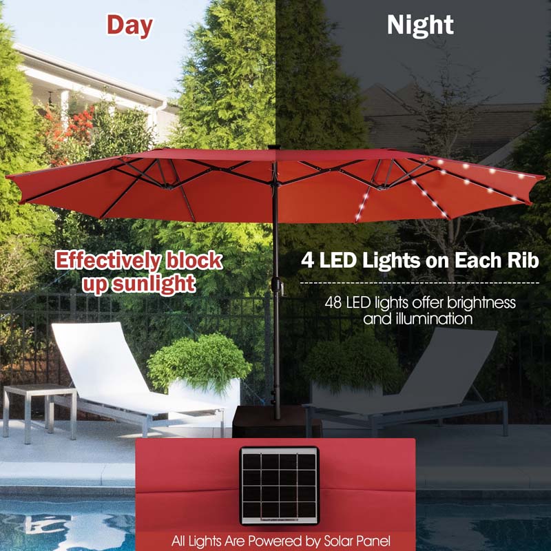 15 FT Double-Sided Patio Umbrella with 48 Solar Lights, Extra-Large Outdoor Twin Market Umbrella with Base