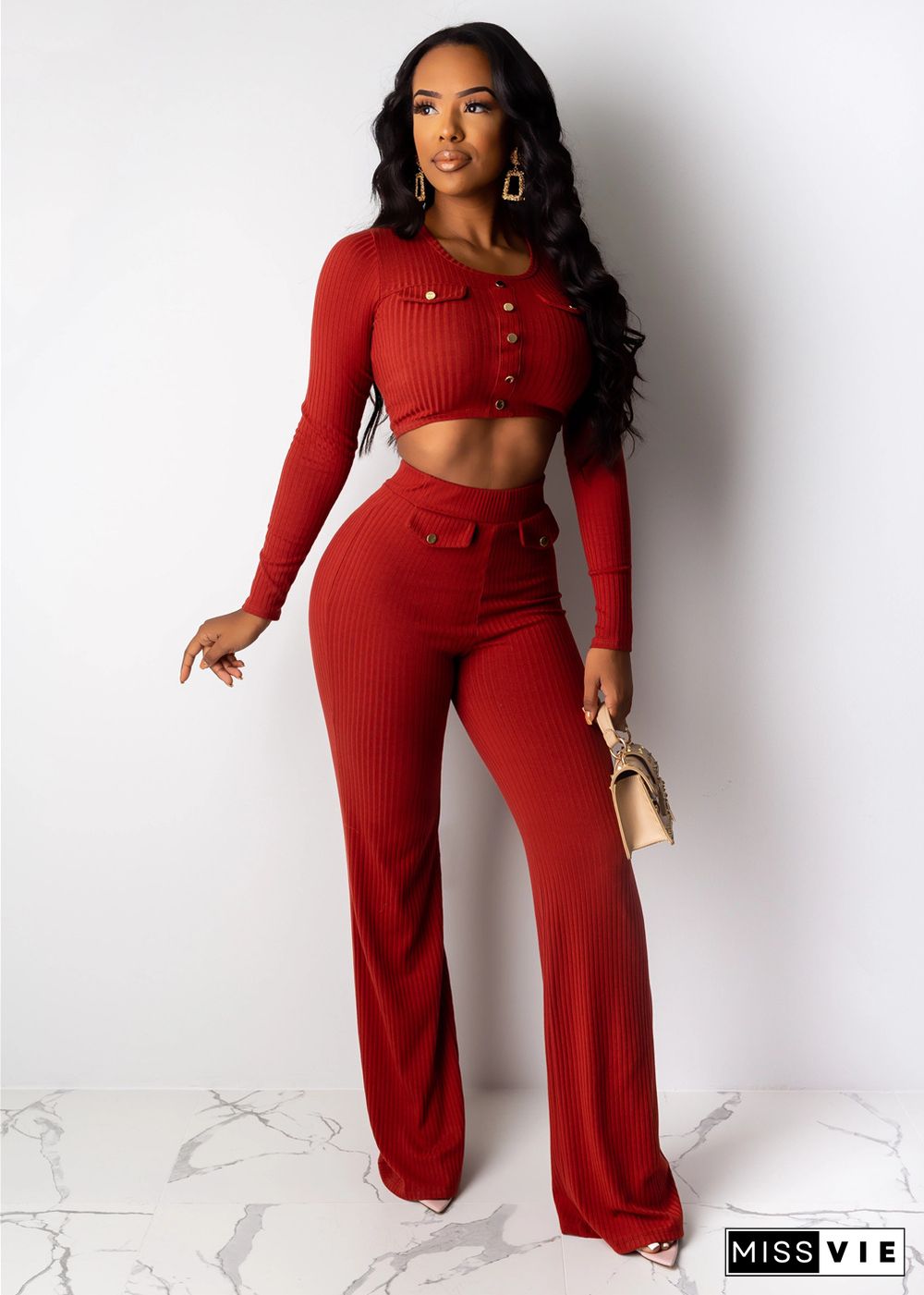 Solid Color Spring Women Knitted Long Sleeve O-neck Crop Top Wide Leg Pants Two Piece Set