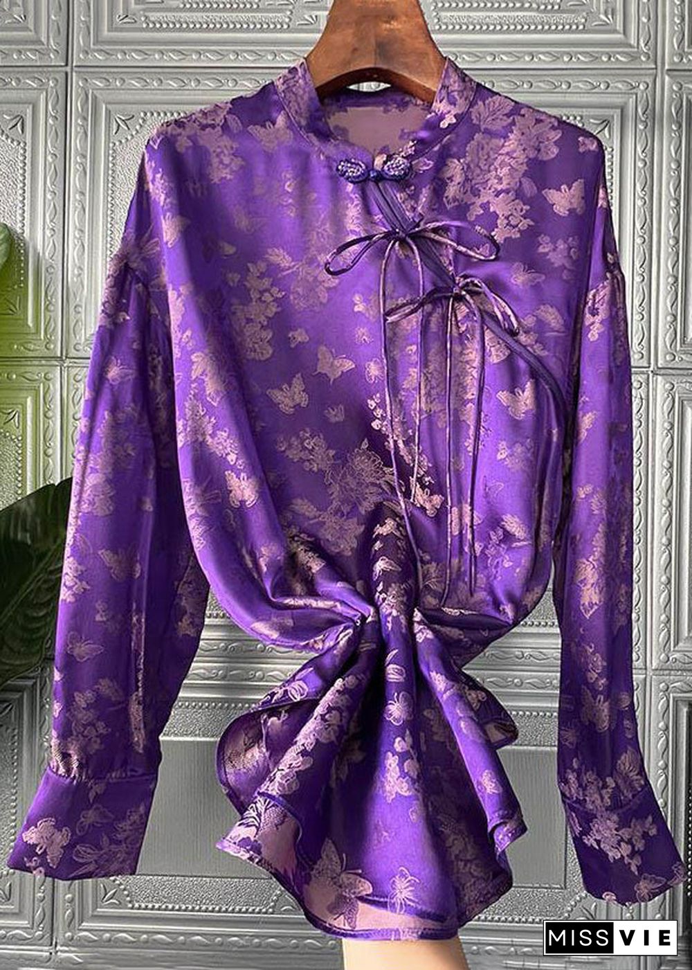 Women Purple Print Lace Up Patchwork Silk Shirts Long Sleeve