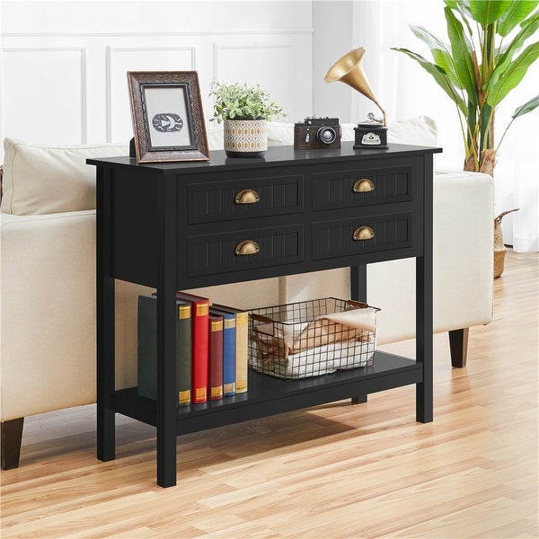 Yaheetech 4-Drawer Console Table With Open Shelf Pine Wood Legs