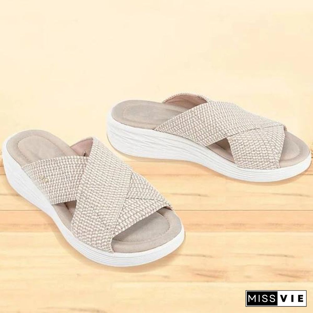 Women Casual Comfortable Net Cloth Cross-Strap Flat Slippers